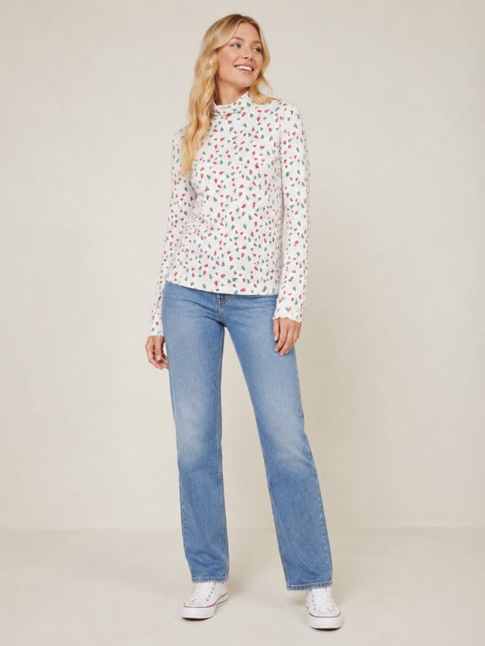 2/$30 Lands' End Confetti Pine Tree Print Mock Neck Long Sleeve Top Large #A4260